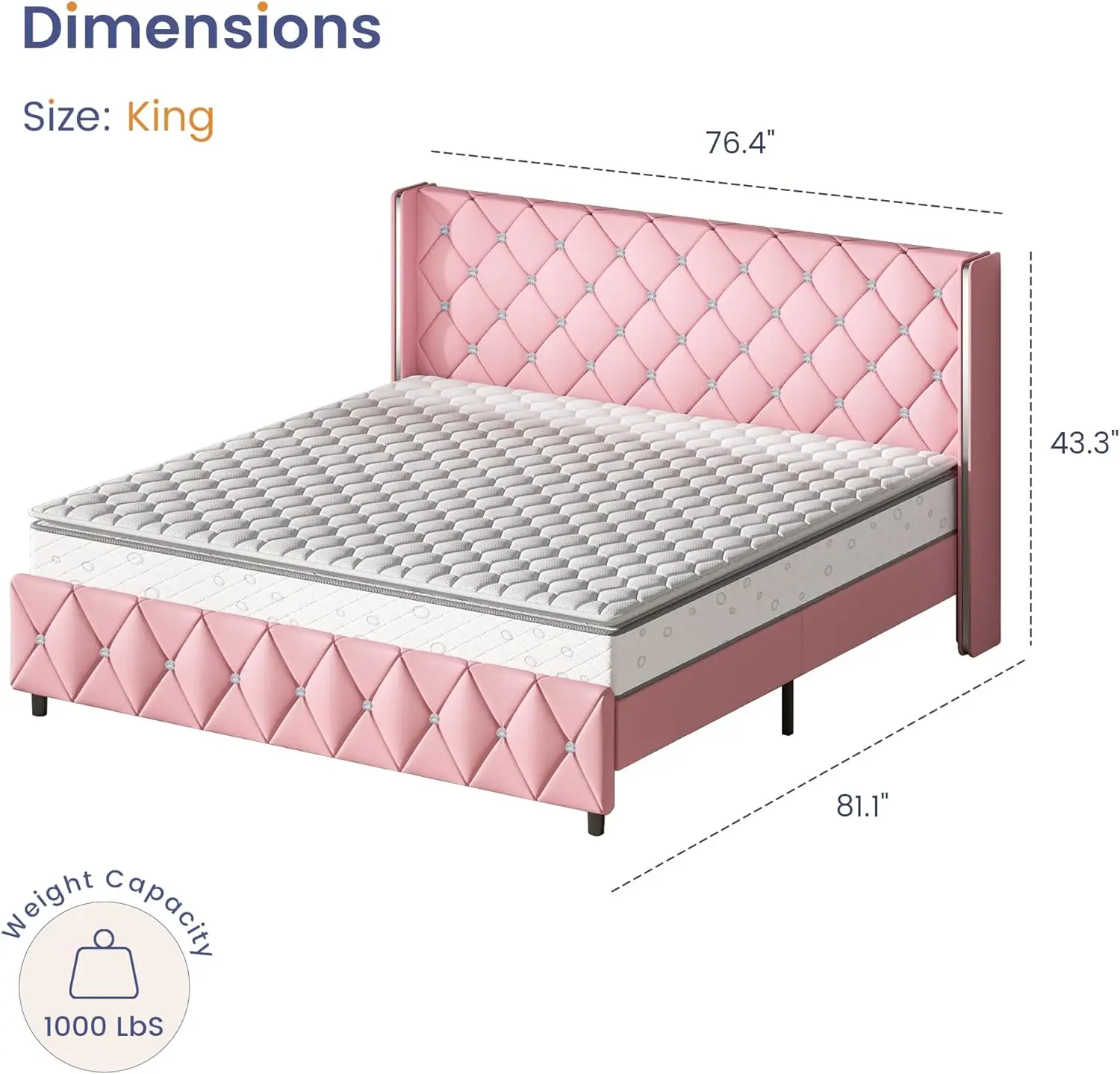 HOMBCK King Size Bed Frame, Modern Upholstered Bed Frame King Size with Diamond Tufted Headboard, Faux Leather Diamond Headboard