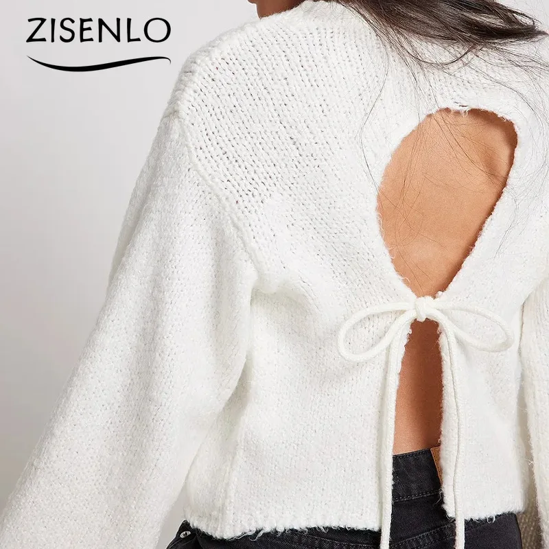 Suéter de manga larga con cuello redondo para mujer, suéter Sexy con tirantes y espalda descubierta, sección corta, Tops de punto de moda, Otoño e Invierno