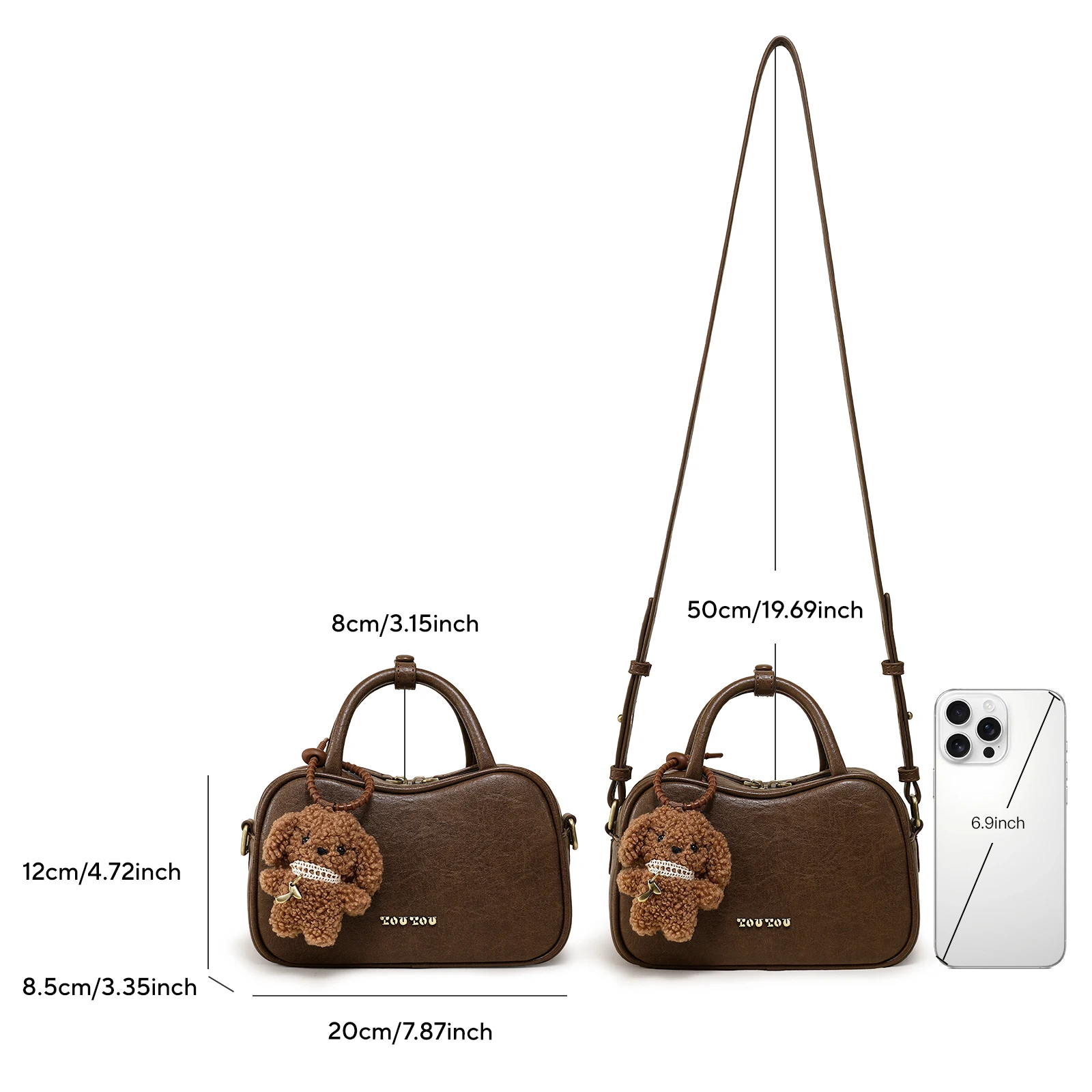 TOUTOU Bowling Bag Women Brown PU Leather Boston Shoulder Crossbody Handbag with Dog Pendent Original Christmas Gift for Girl