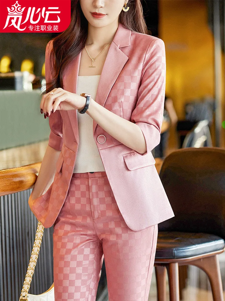 

Business Suit Tailored Suit Formal Clothes Women's Suit Overalls Dignified Goddess Fan High-End Unique Chic Plaid in Pink833