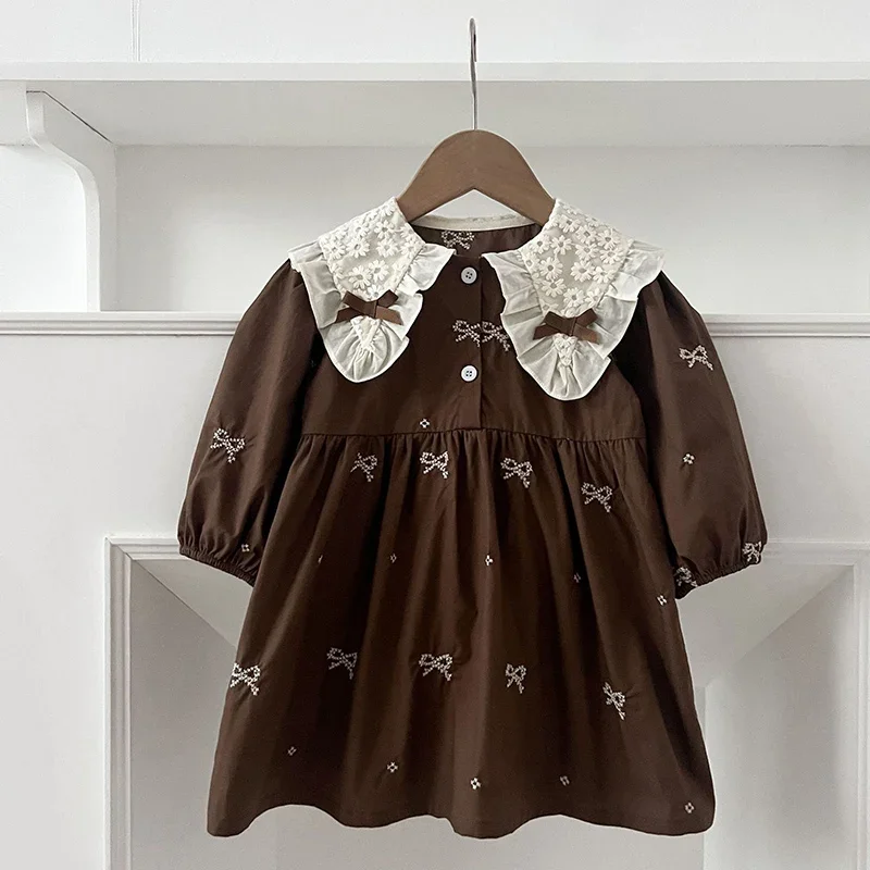 2024 Autumn Baby Girl Party Dress Cotton Embroidery Bow Splicing Dress Long Sleeved Kids Princess Dresses Lace Collar Clothing