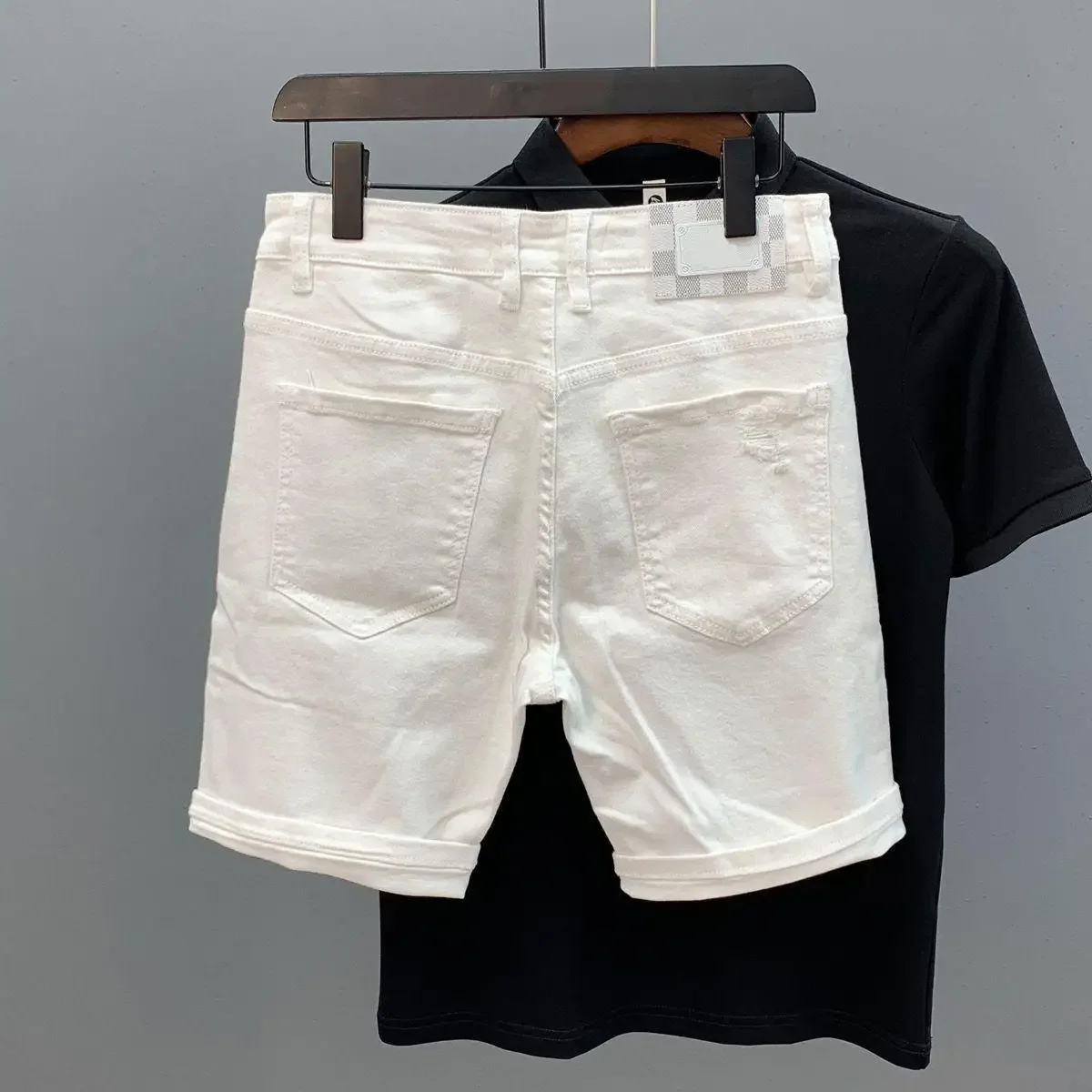 Summer Men's Creamy-white Solid Color Hole Patched Jeans Shorts Splashed Ink Casual Trendy High Street Elastic Denim Shorts Male