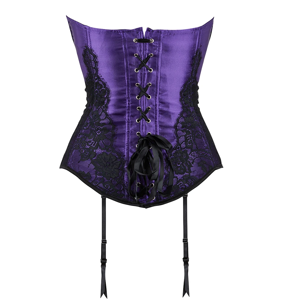 Lace Appliques Corset Solid Satin Bustier Elastic Boned Women Korsett Outfit Gorset Overbust Purple Green Corselet