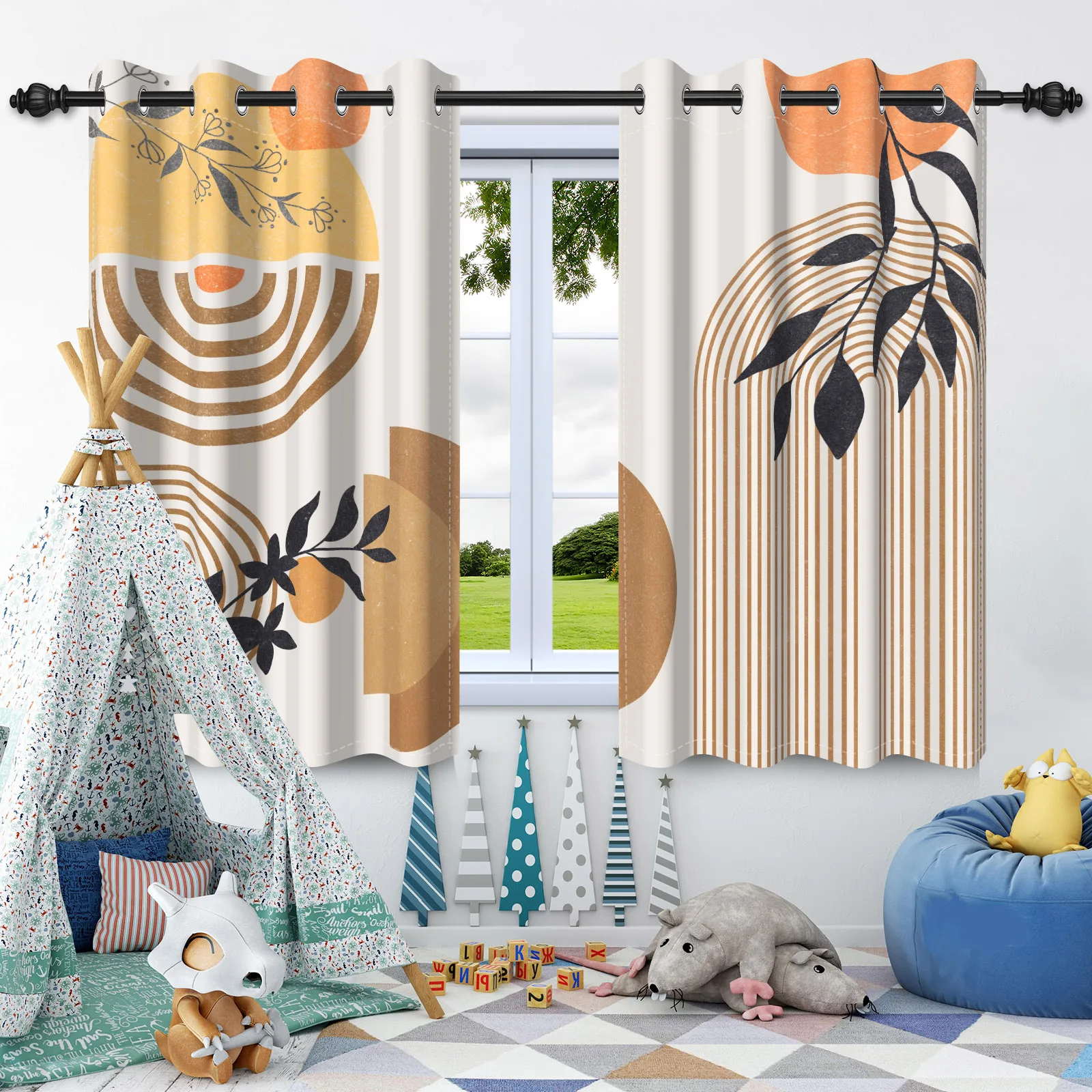 

2Pcs Bohemian Style Blackout Curtain Boho Leaves Bedroom Living Room Cafe Drapes Window Decor for Children Room Polyester Fabric