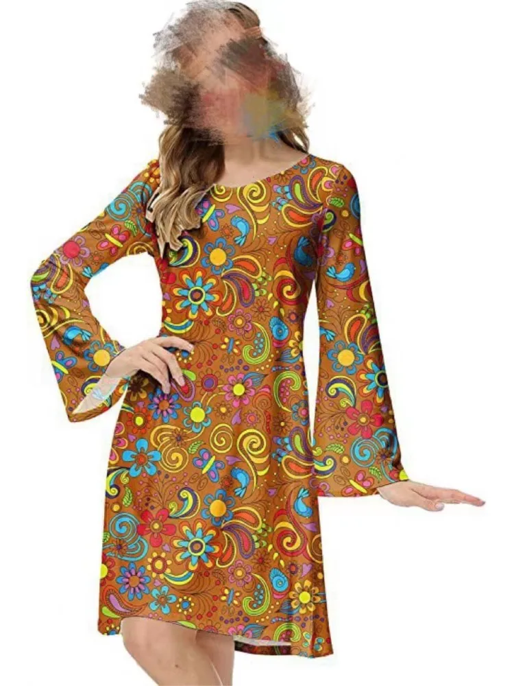 

2025 New Personalized Printed Long-sleeved Round Neck Knee-length Dress Summer Fashion Casual Loose Skirt With Headscarf Females