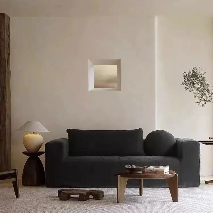 Canapé wabi-sabi de style japonais, tissu en lin, bloc de tofu amovible et lavable pour trois personnes, appartement chez l'habitant, petit appartement