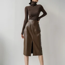 Genuine Leather Mid Length Skirt, Fashionable Versatile, Coffee Colored, Long Skirt with Buttocks, Sheepskin, Half Length Skirt