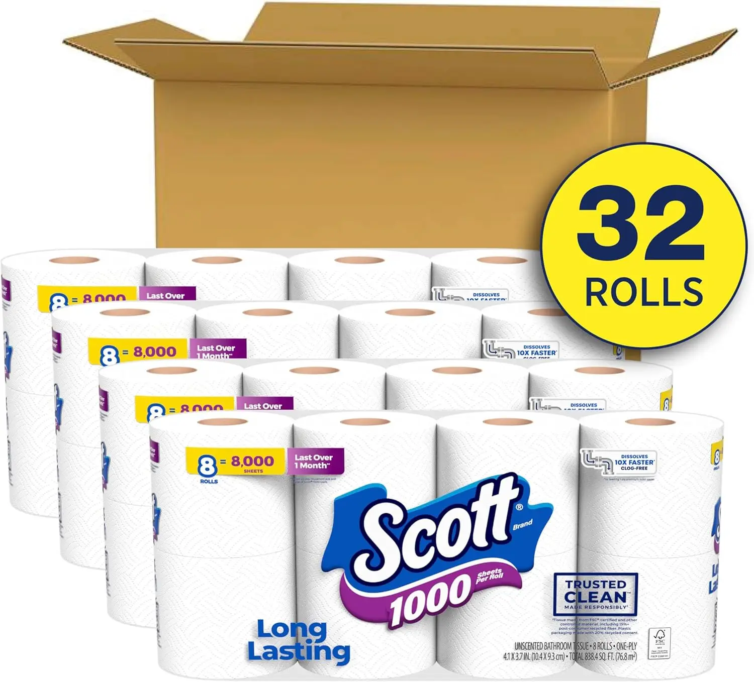 Scott 1000 Trusted Clean Toilet Paper, 32 Rolls, Septic-Safe, 1-Ply Toilet Tissue