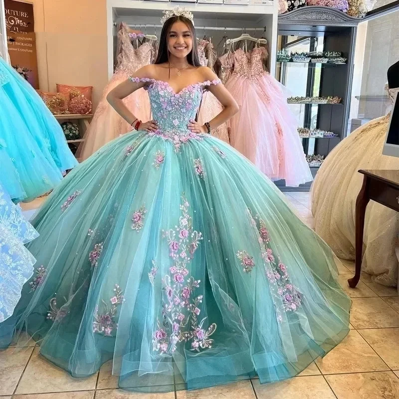 ANGELSBRIDEP vestido De quinceañera con flores en 3D, vestido De princesa con apliques De hombros descubiertos, vestido De cumpleaños De México dulce 16, 15 años