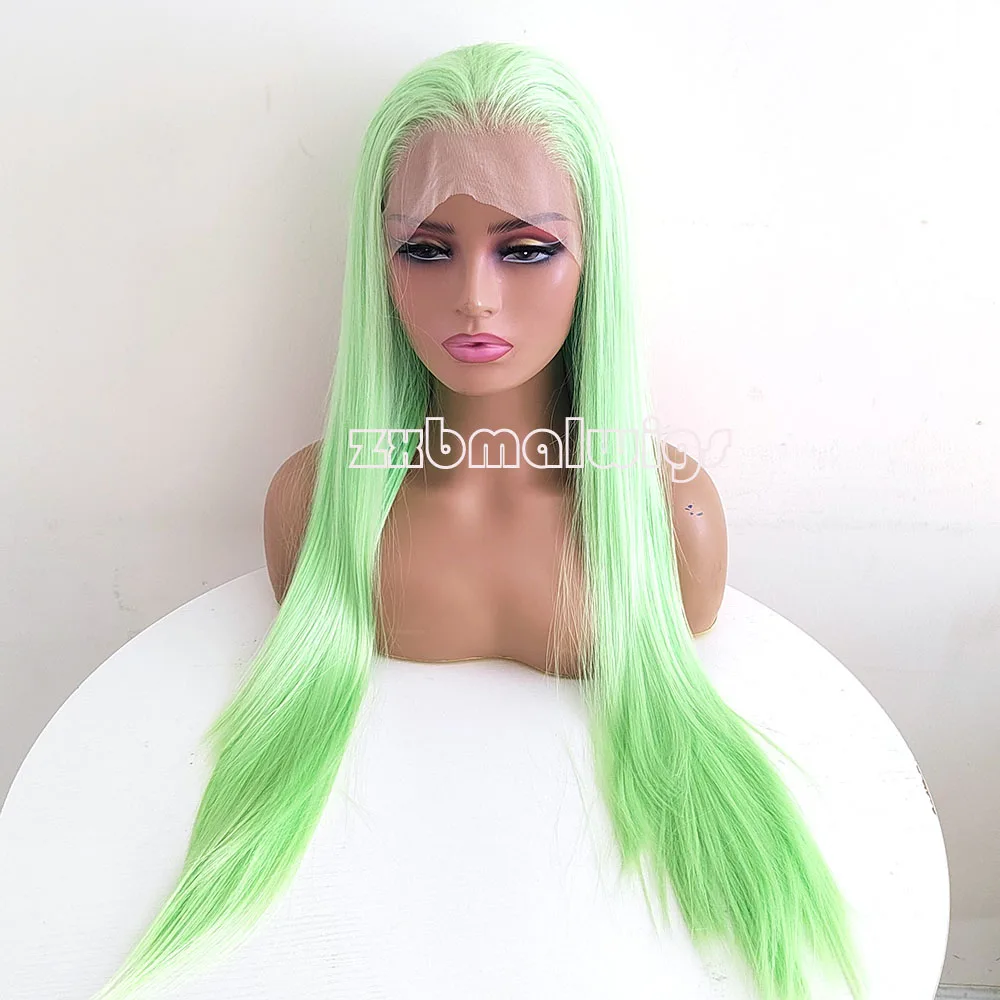 ZXBMALWIGS Synthetic Hair Straight Light Green 26Inches Transparent Lace Front Wigs for Black Women Glueless Cosplay
