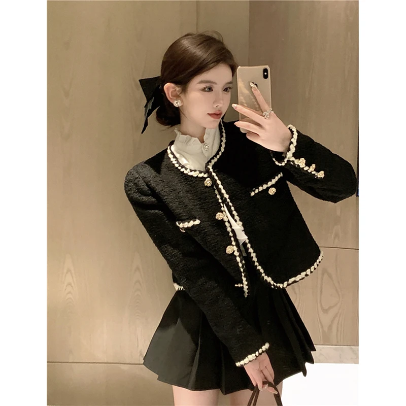 MEXZT Vintage Tweed Jackets Women Elegant Black Cropped Suit Coat Korean Thicken Blazer Single Breasted Short Outerwear Tops New