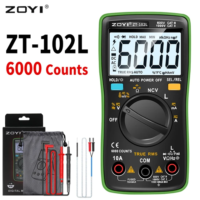 ZOYI nowy multimetr cyfrowy ZT102L 6000 zliczeń automatyczny zakres podświetlenie AC/DC amperomierz Volt Ohm Tester przenośny miernik Multimetro