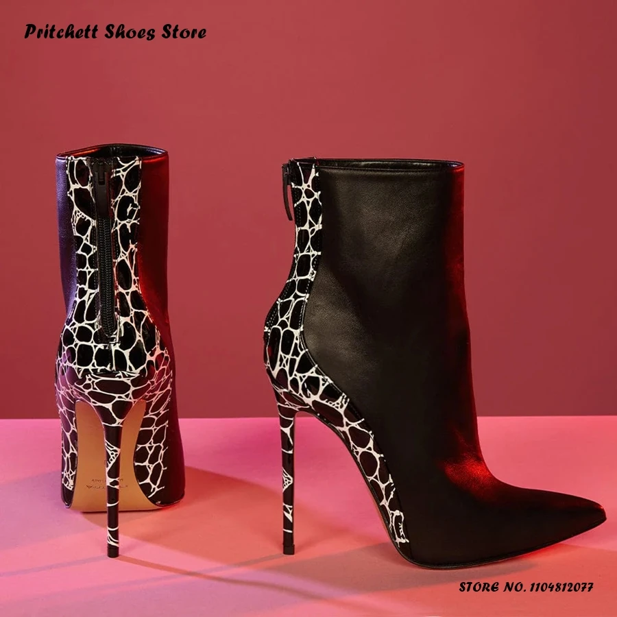 

Women's Patchwork Stiletto Ankle Boots Spring Autumn Elegant Back Zipper Booties Pointed Toe Thin Heels Plus Size Footwear