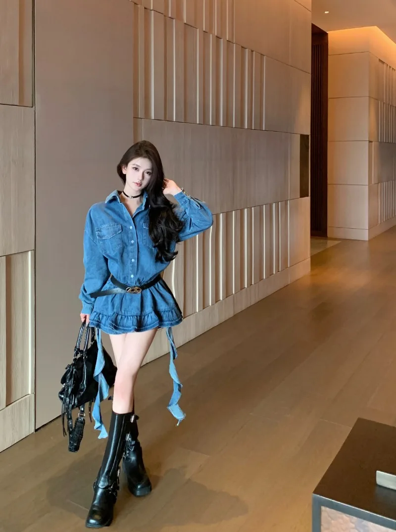 

Washed Blue Vintage Denim Dress Women Spring Autumn Elastic Waist Irregular Ribbon Short Dress Fashion Female Clothes
