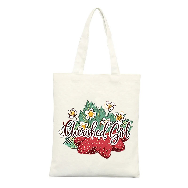 Canvas Tote Bag with Strawberry and Floral Design, Casual Style for Daily Shopping and Summer Outings