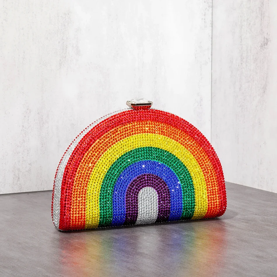 Rainbow Color Crystal Evening Clutch Bags Wedding Party Women Boutique Half Moon Rhinestone Purses And Handbags Luxury Designer