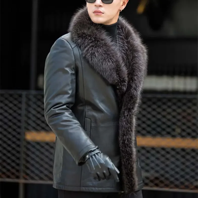 Male Raccoon Fur Collar Long Fur One Leather Men\'s Jacket Large Fur Warm Plus Size 4XL 5XL Winter Real Sheep Leather Coat MZ3267