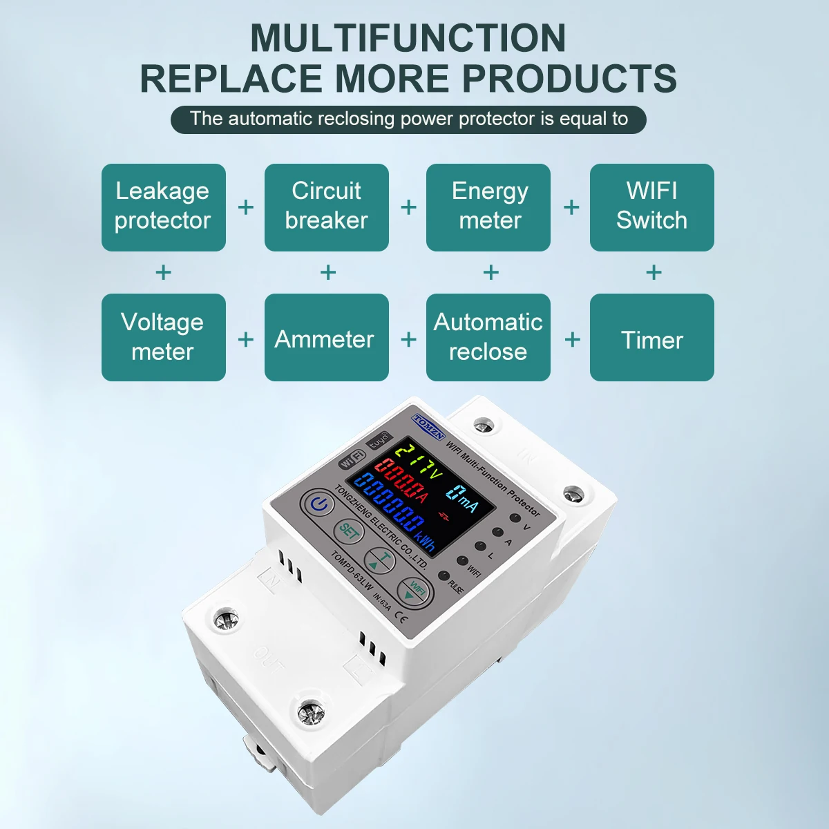 TOMZN 63A WIFI Smart Switch TUYA Energy Meter Kwh Metering Circuit Breaker Timer with voltage current and leakage protection