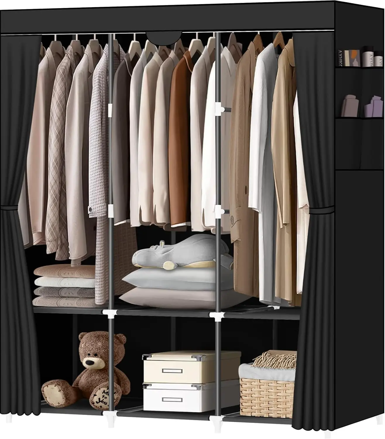 

Portable Closet, Portable Closets for Hanging Clothes with 3 Hanging Rods and 6 Storage Shelves and 4 Side Pockets, Black War