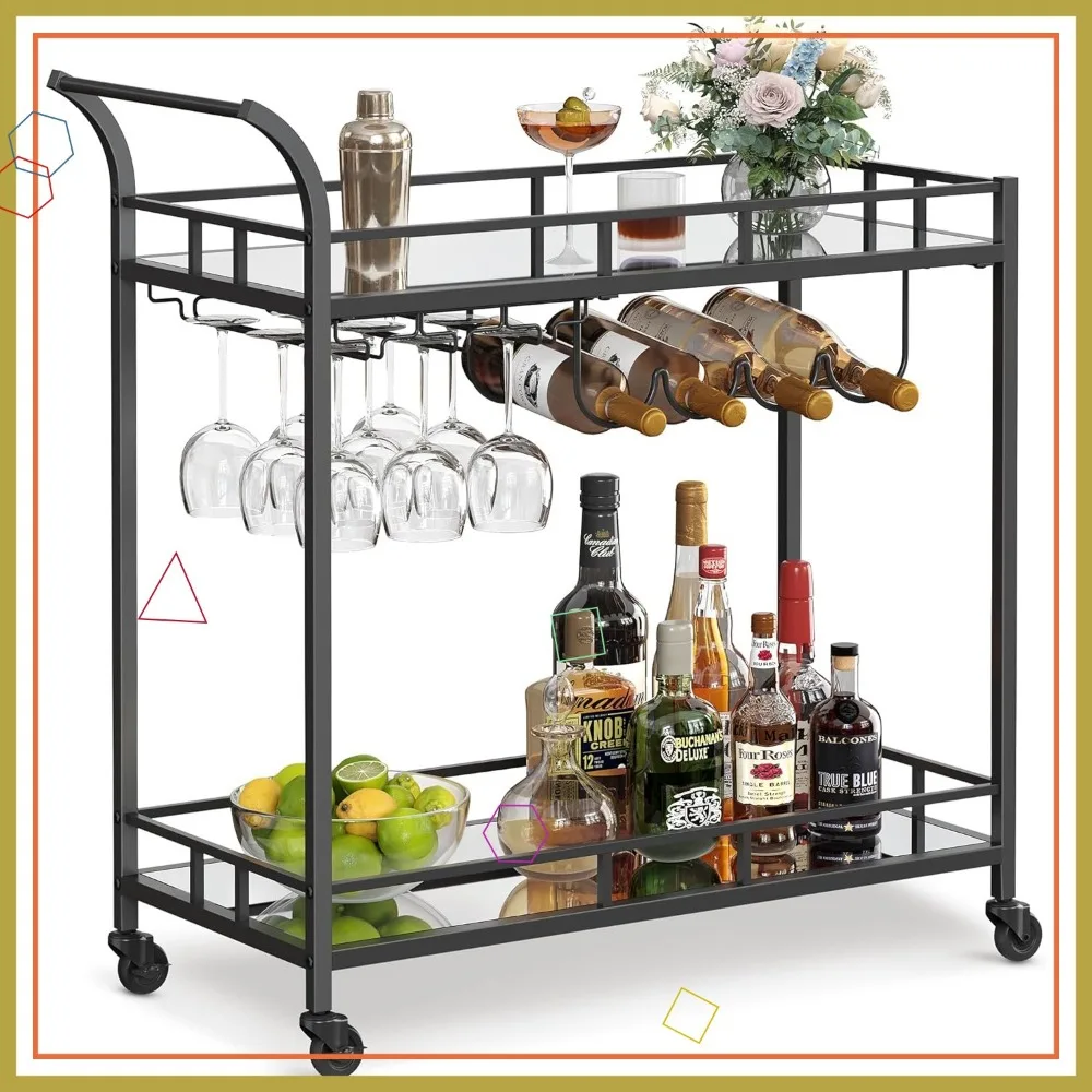 

Black Bar Cart with Mirrored Shelves, Wine and Glass Holders for Kitchen or Dining Room