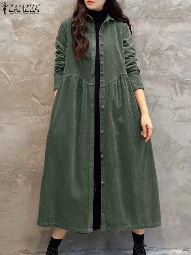 ZANZEA Turn-down Collar Streetwear Midi Dress Women Corduroy Casual Waist-Gathering Button Up Shirt Dress Long Sleeve Vestidos