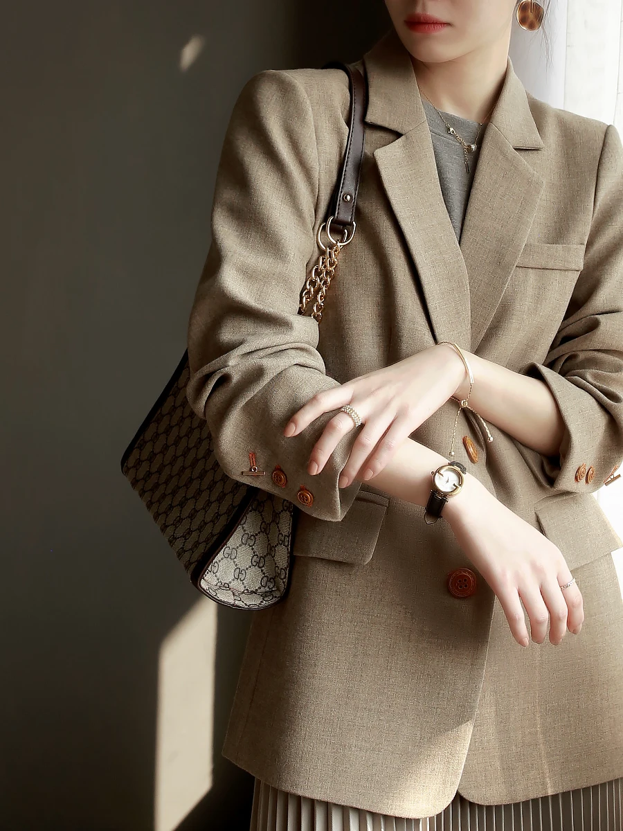 

Warmo Premium 2025 Spring Commute Casual Loose Tea Camel Suit Jaet Long Sve Retro Sle Women's Busin Casual Coat