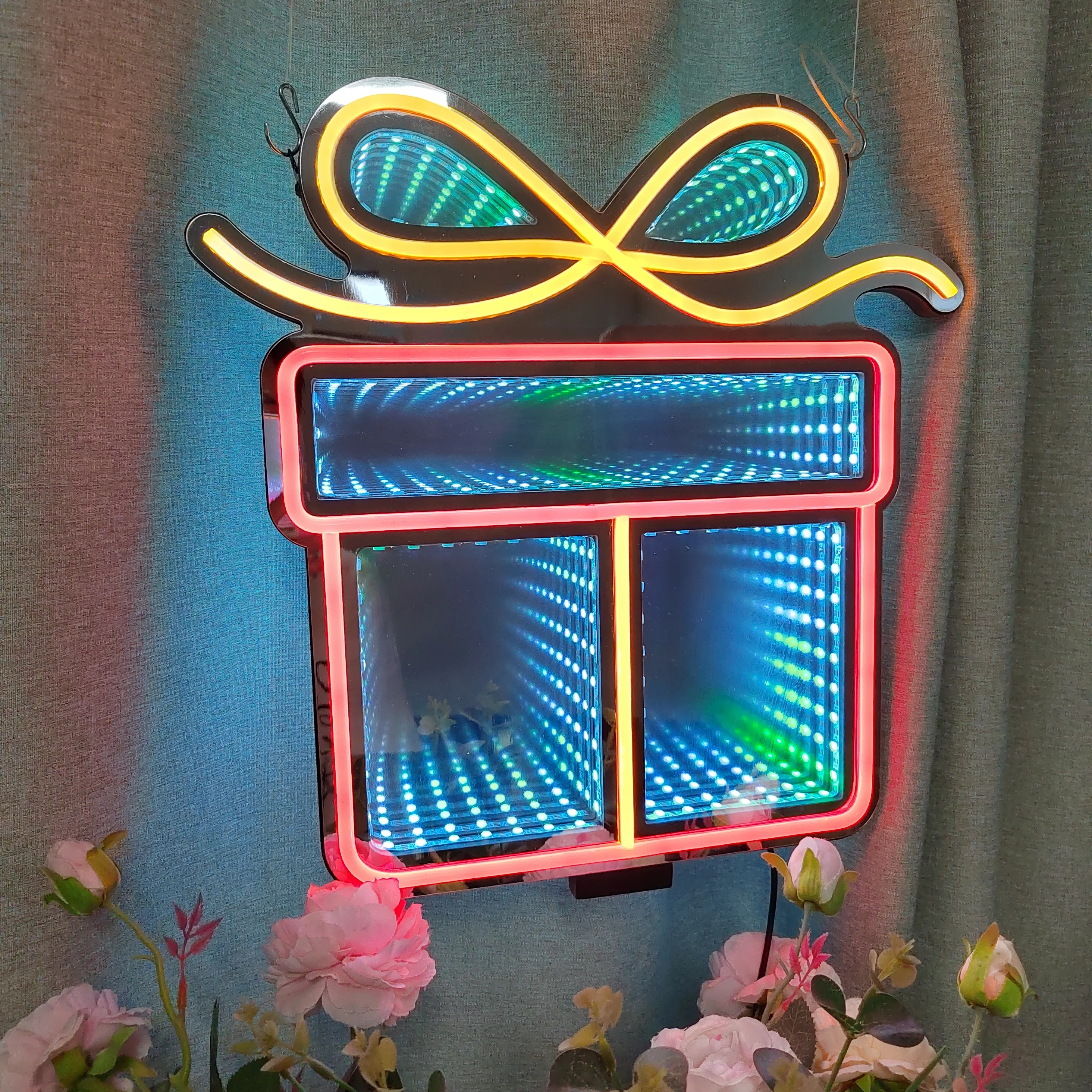 

Color-Changing Tunnel Mirror Gift Box Neon Sign, Double Side and Both Hanging and Standing Artistic Present Box Shop and Home