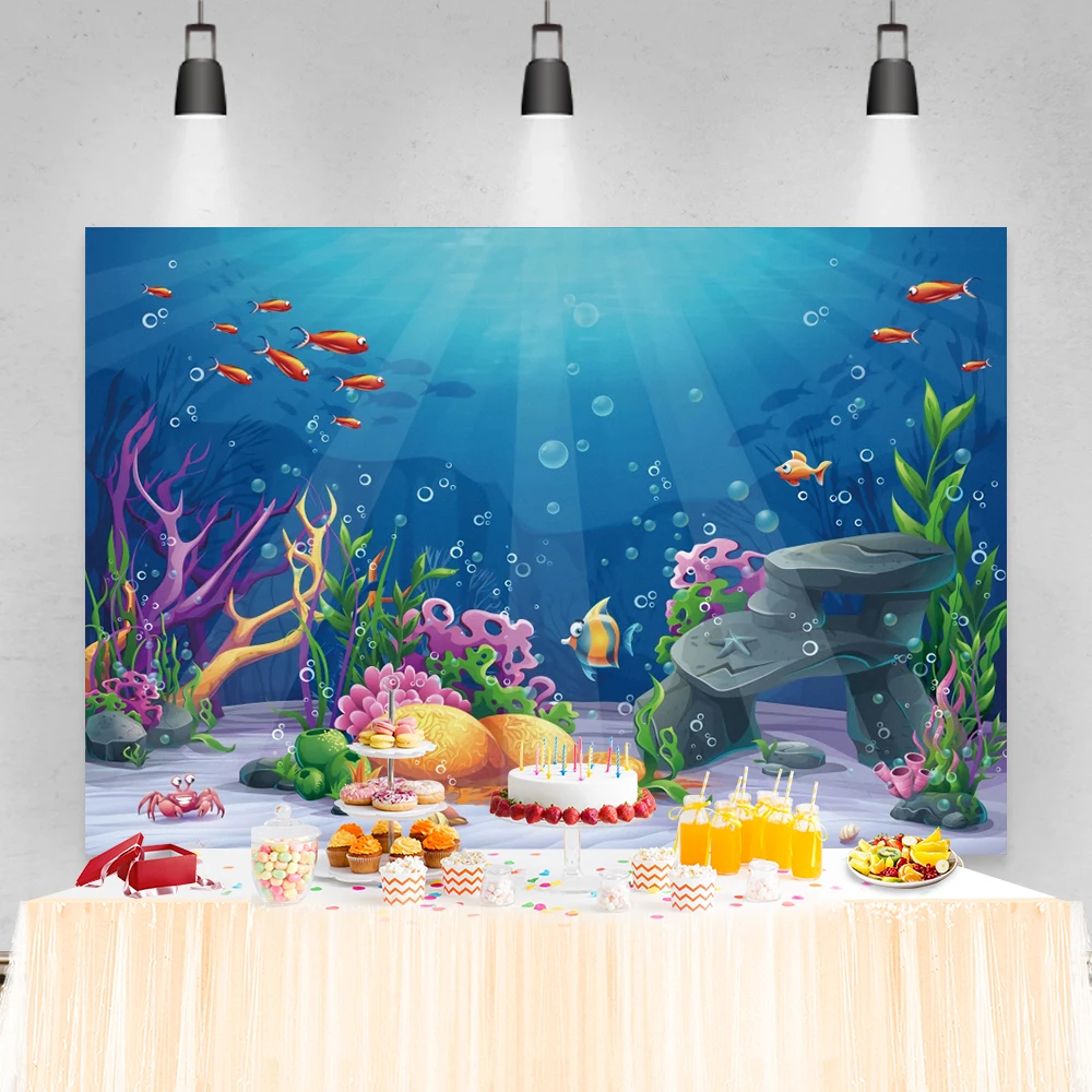 Laeacco Latar Belakang Dasar Laut Kartun Ikan Pesta Ulang Tahun Cangkang Karang Musim Panas Pola Bayi Anak Fotografi Latar Belakang Studio Foto