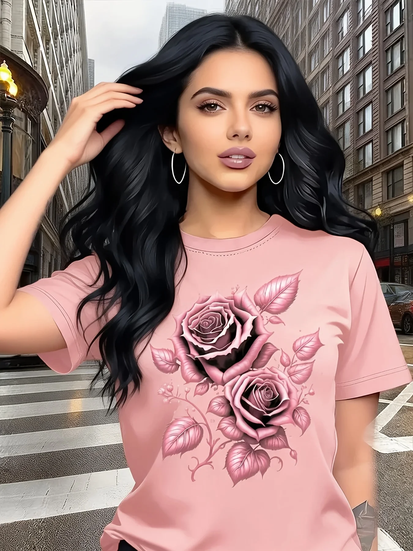 Rose pattern printed T-shirt with fresh and natural breathability and lightweight perfect for spring and summer wardrobes