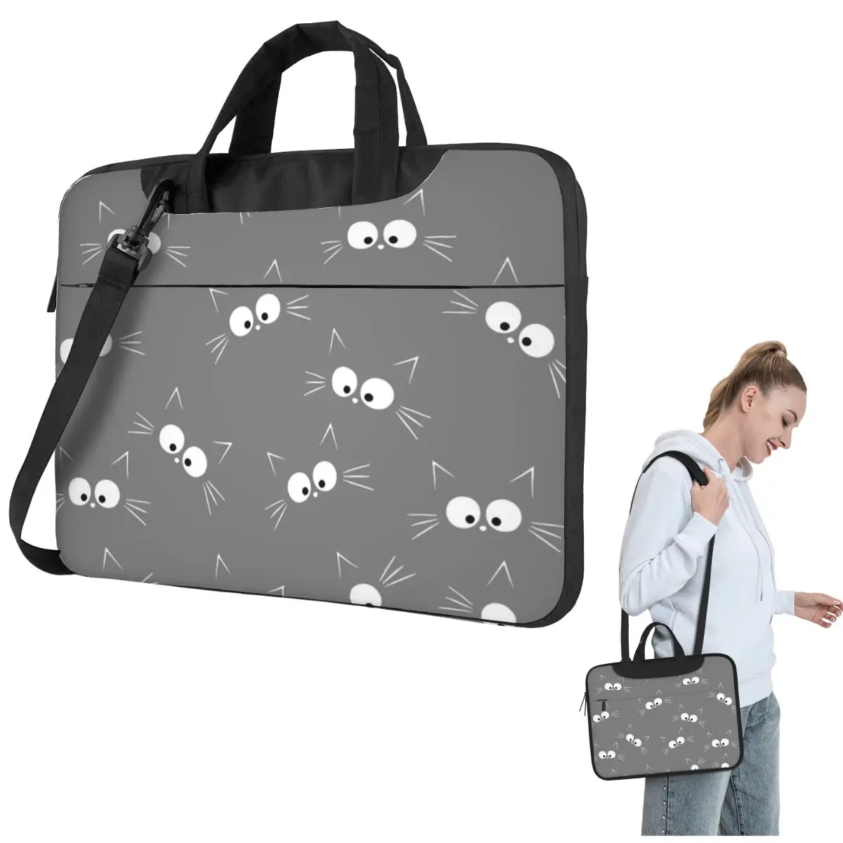 Cute Black Cat Pattern Crossbody Laptop Bag Case Computer Bag 13 14 15.6 Inch Notebook Pouch for Lenovo