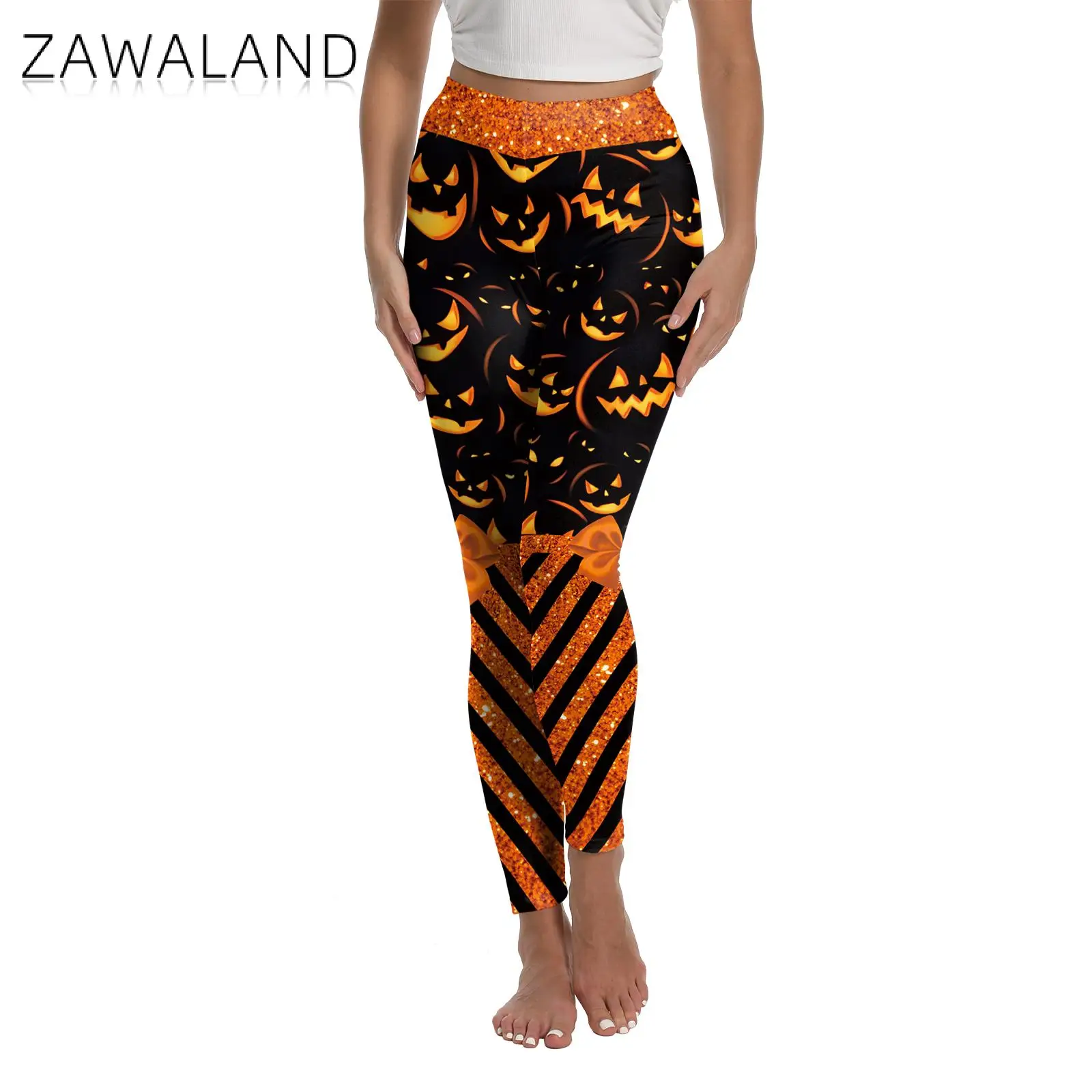 Zawaland 호박 반짝이 줄무늬 인쇄 할로윈 레깅스 여성 축제 호박 그래픽 바지 Strechy 섹시한 스타킹 파티 바지