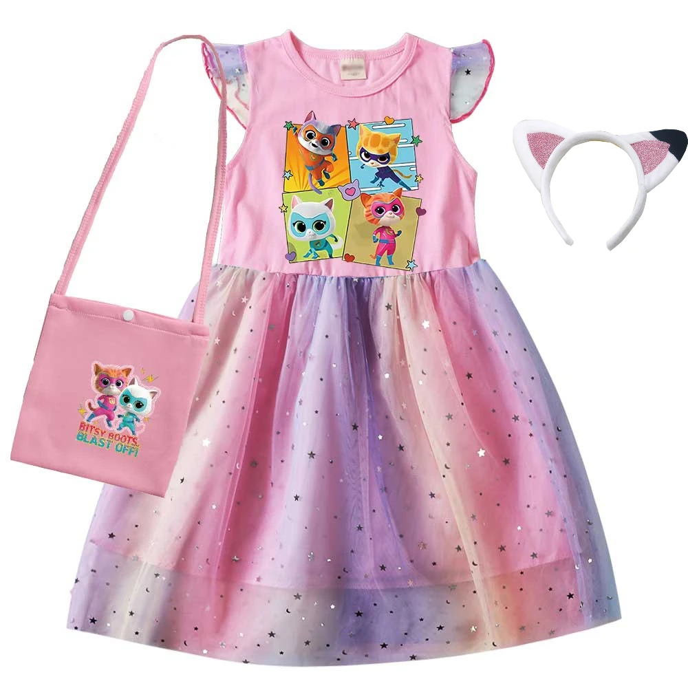 Children SuperKitties Costume Kids Cosplay Super Kitties Clothes for Girls Flying Sleeves A-Line Dress with Bag and Headband