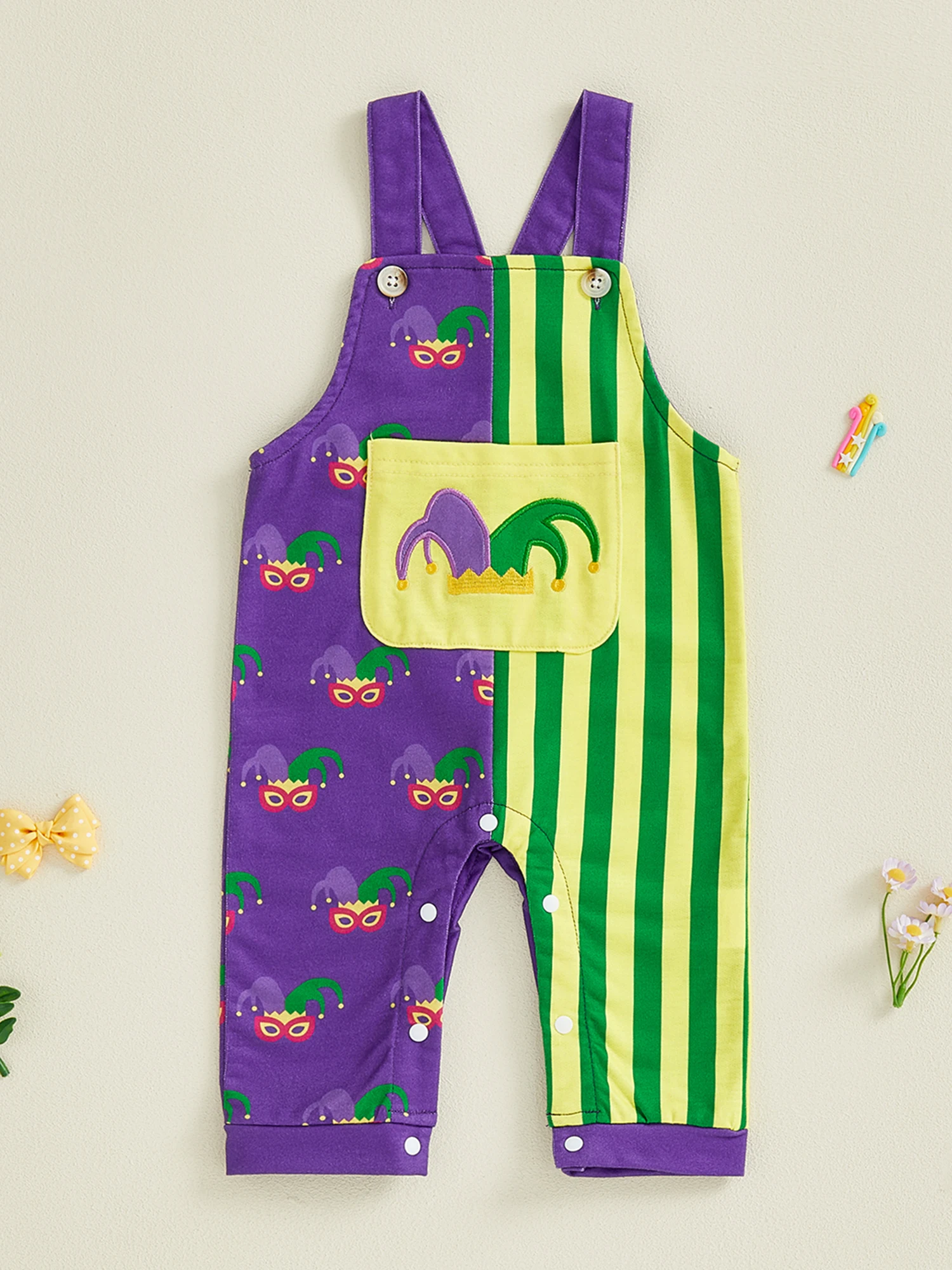 

Infant Boy Sleeveless Romper with Square Neckline Front Pocket Embroidered Hat and Jumpsuit Design for Newborns