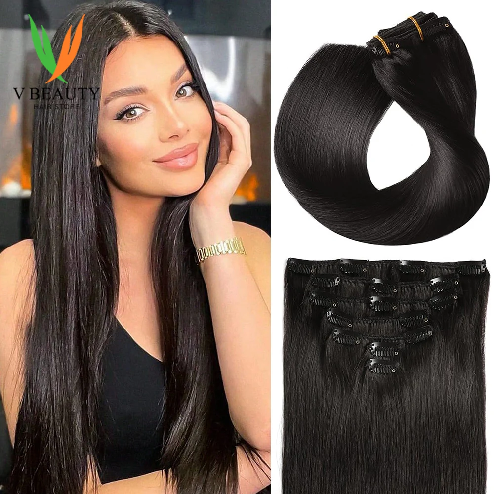 V Beauty 10 42 Inches Remy Hair Extensions 8 Pcs Full Head Clip In Hair Extensions Straight Natural Human Hair Clip Ins