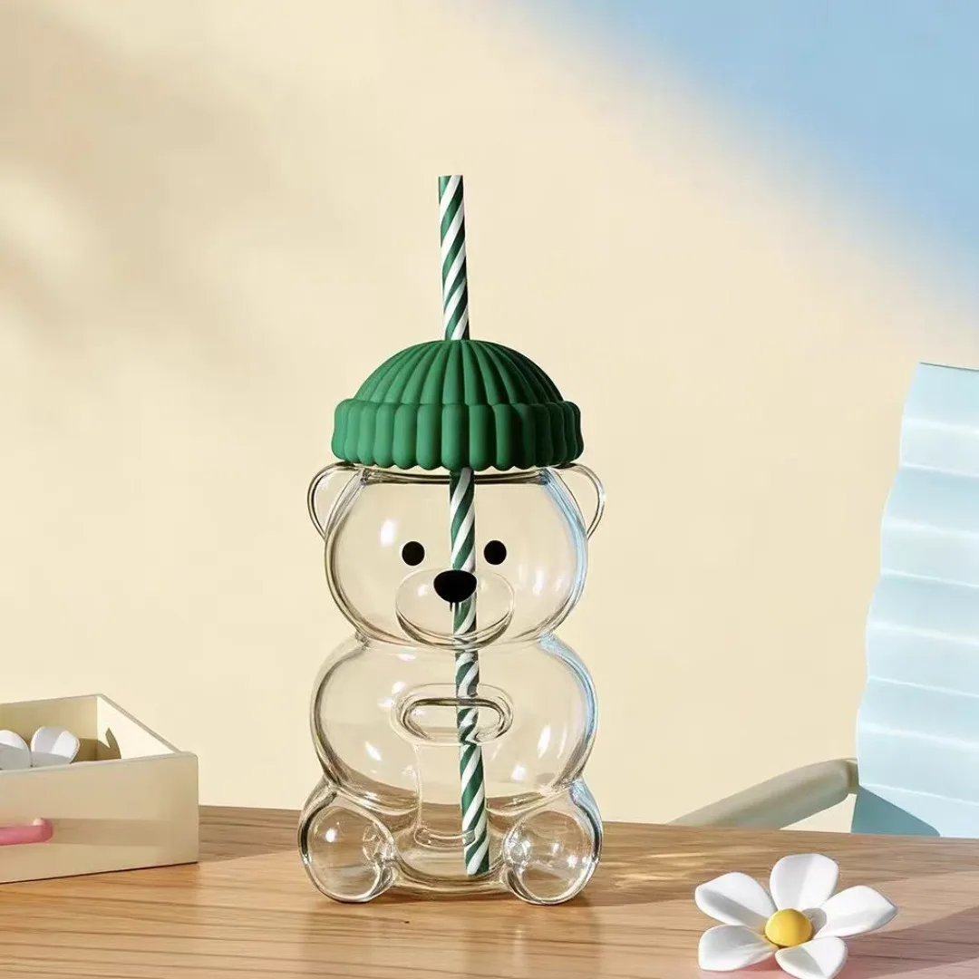 

Cute bear shaped transparent glass cup with silicone dust cover, striped straw, retro green milk tea coffee cup, breakfast cup