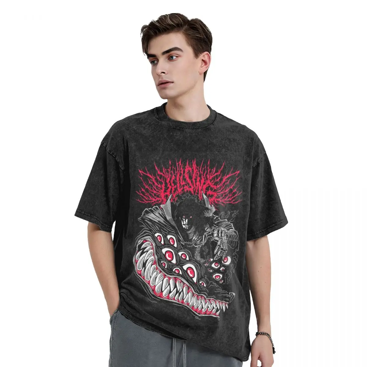 

Alucard Hellsing Manga Washed T Shirts Harajuku Short Sleeve Hip Hop T-Shirt Streetwear Tops Tees for Men Women