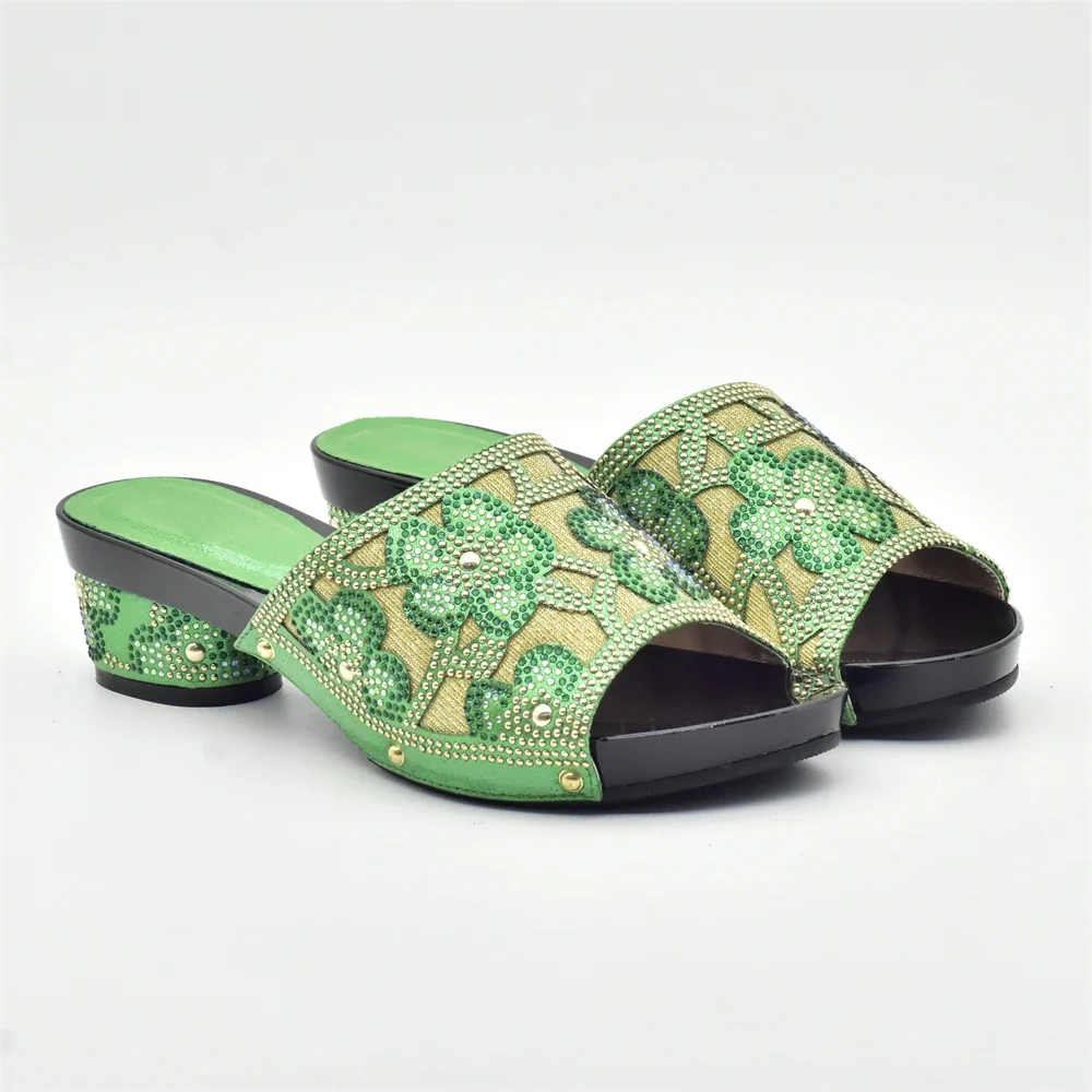 New Arrival Green Color Nigerian Shoes and Matching Bags Set Italian Ladies Shoes and Bags To Match Set Decorated with Rhinstone