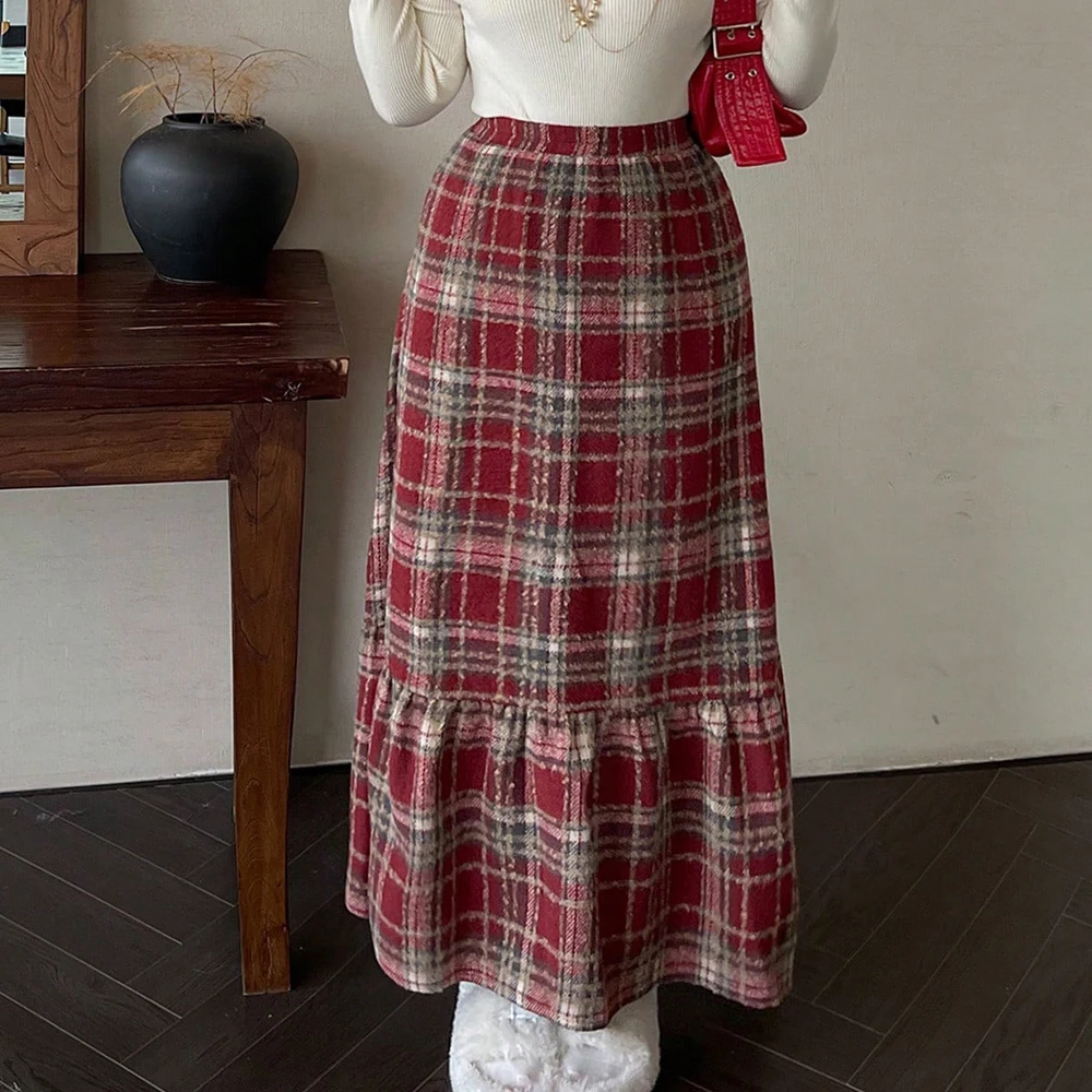 تنورة تنحيف على شكل حرف A عالية الخصر منقوشة باللون الأحمر مقاس كبير لملابس السنة الجديدة، لملابس نسائية شتوية ماكسي تويد #6
