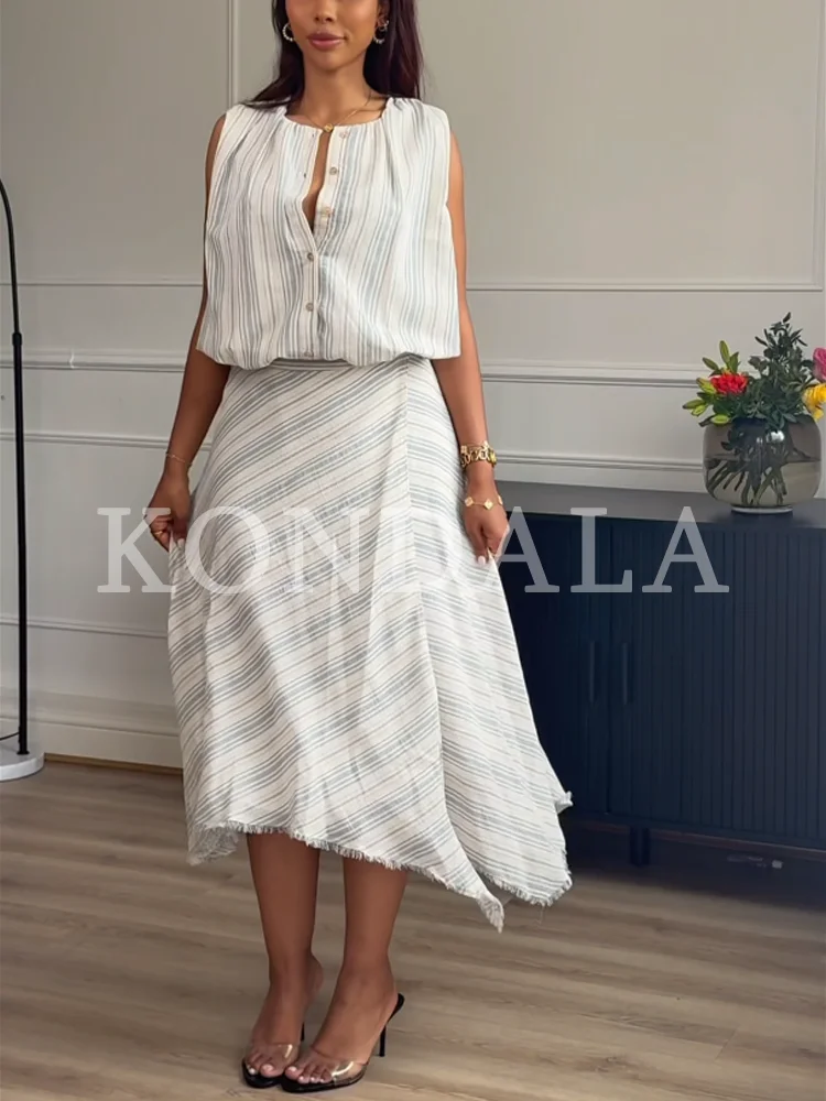 KONDALA Women Casual Chic Striped Skirt Set Elegant Sleeveless Buttons Vest, Rough Hem Midi Skirt 2026 Summer Trendy Holiday Set view 2