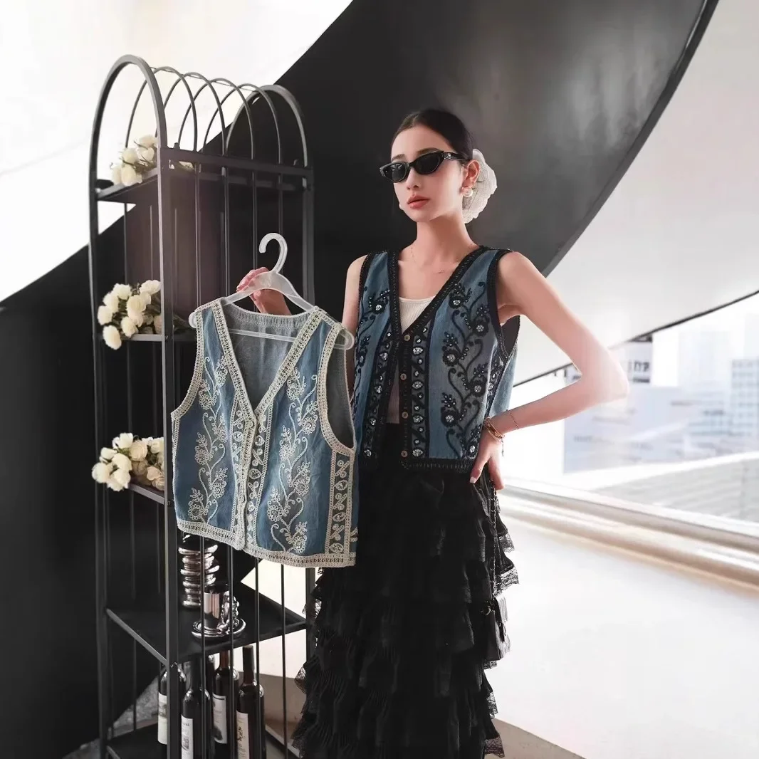 Chaleco vaquero de punto estilo apocalíptico de primavera, prendas de vestir exteriores con gancho de flor, carne que oculta, Top adelgazante de algodón con cuello en V a la moda