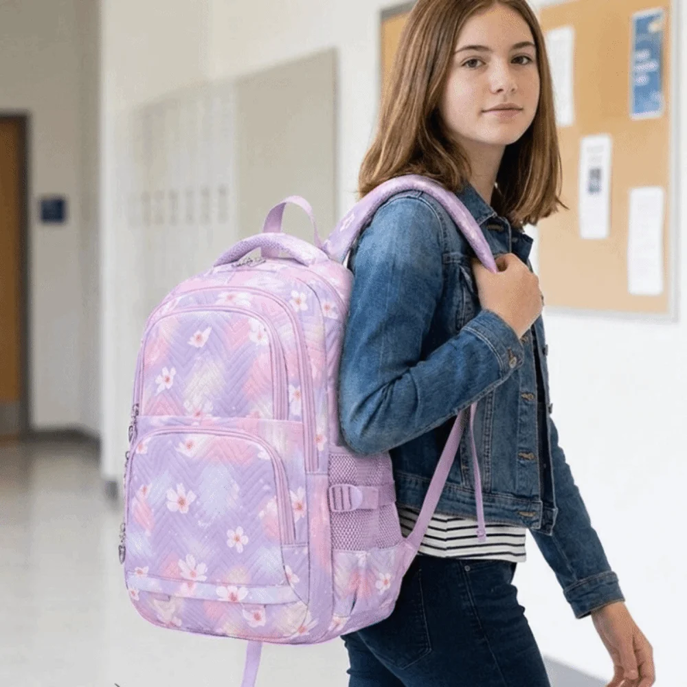 Flower Printed Children Backpack Multiple Pockets Nylon Shoulders Bag Harajuku Large Capacity Student School Bag Primary School