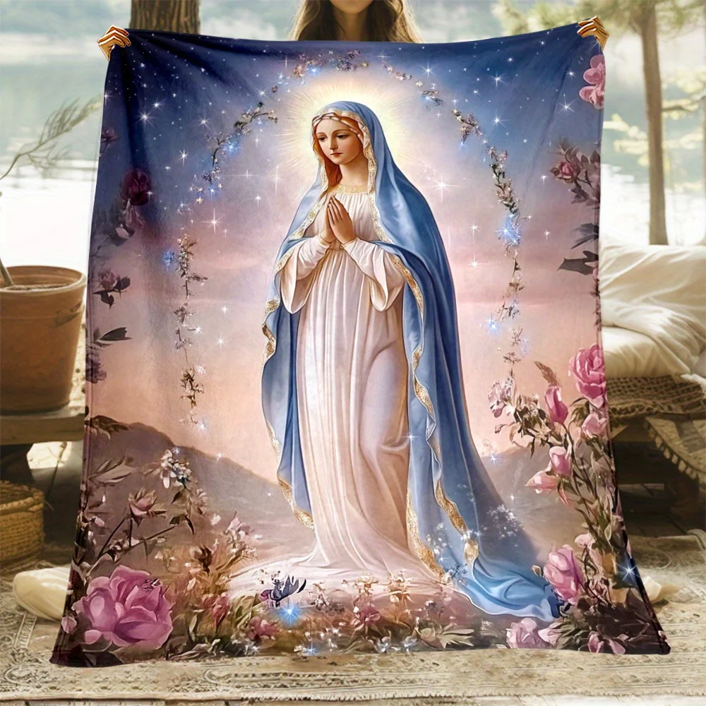Virgin Mary & Floral Print Soft Flannel Throw Blanket - Lightweight, Warm for Sofa, Travel, Camping, Office Chair