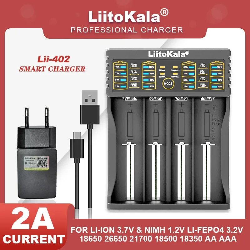 Liitokala Lii-402 18650 3.7V 3.2V 3.85V 26650 20700 14500 21700 25500 16340 1.2V NiMH Lithium Rechargeable Battery Charger