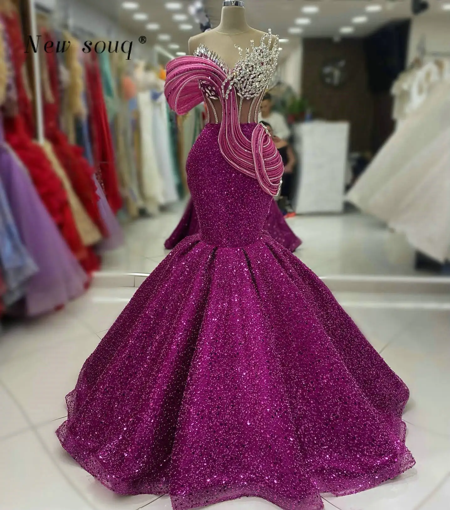 Fuchsia Sparkly Sequins Long Mermaid Evening Dresses Features Crystals Off Shoulder Formal Women's Wedding Prom Party Gowns