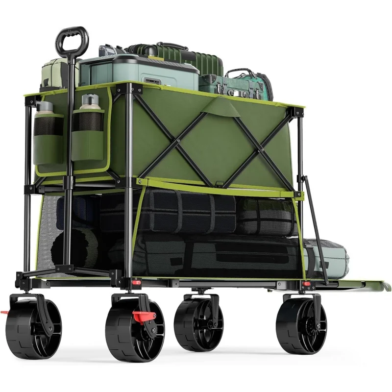 

450lbs Heavy Duty 400L Folding Double Decker Wagon, 54 Long Extender with Brakes All-Terrain Big Wheels Collapsible Cart