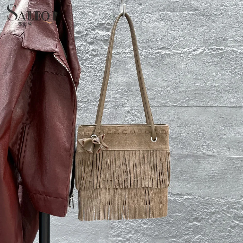 

Genuine Grade Suede Leather Women Shoulder Crossbody Fringe Bag Luxury Designer Brand Ladeis Underarm Bag for Woman Cowhide Tote