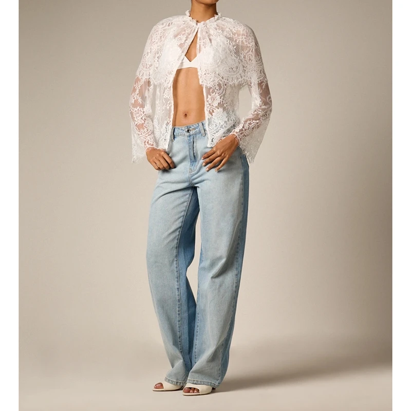Womens Floral Lace Sheer Ponchos See-through Shirt Elegant Long Sleeve Layered Capes Single Button Mockneck Cover-ups
