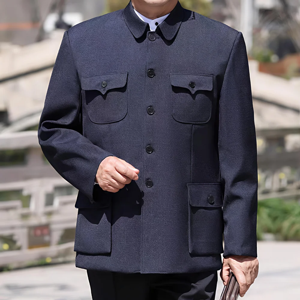 Modern Men's Mao Suit Jacket Blue Gray Year-Round Menswear Classic Chinese Zhongshan Coat Blazers Male Tunic Outfits Timeless