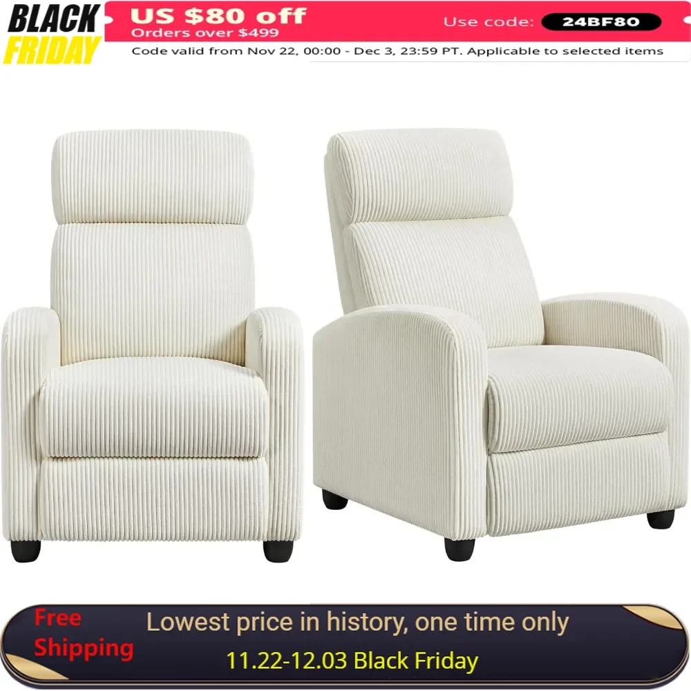 Living Room Chairs Set of 2 with Thick Seat Cushion and Backrest Reclining Chair, 2-Seat Corduroy Pushback Recliner Chair