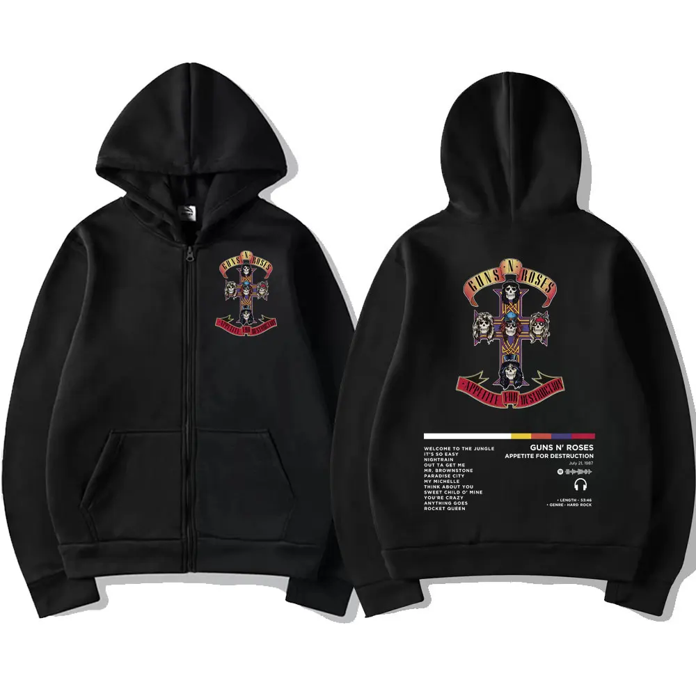 

Guns N Roses Appetite for Destruction Graphic Zipper Hoodie Rock Hip Hop Retro Zip Up Jacket Men Women Fashion Casual Pullovers